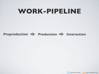 WORK-PIPELINE


Preproduction   Production   Interaction




                               @Michael_Plank   blog.deltastrike.org
 