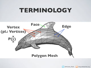 TERMINOLOGY

                  Face
    Vertex                       Edge
(pl.: Vertices)
       x
    P( y )
       z



                  Polygon Mesh

                                  @Michael_Plank   blog.deltastrike.org
 