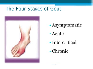 The Four Stages of Gout 
• Asymptomatic 
• Acute 
• Intercritical 
• Chronic 
6 
sriloy21@gmail.com 
 