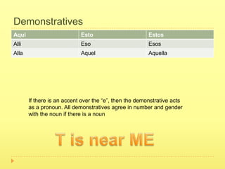 Demonstratives
Aqui                        Esto                        Estos
Alli                        Eso                         Esos
Alla                        Aquel                       Aquella




       If there is an accent over the “e”, then the demonstrative acts
       as a pronoun. All demonstratives agree in number and gender
       with the noun if there is a noun
 