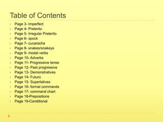 Table of Contents
   Page 3- Imperfect
   Page 4- Preterito
   Page 5- Irregular Preterito
   Page 6- spock
   Page 7- cucaracha
   Page 8- snakes/snakeys
   Page 9- modal verbs
   Page 10- Adverbs
   Page 11- Progressive tense
   Page 12- Past progressive
   Page 13- Demonstratives
   Page 14- Futuro
   Page 15- Superlatives
   Page 16- formal commands
   Page 17- command chart
   Page 18-Prepositions
   Page 19-Conditional
 