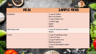 MEAL SAMPLE MENU
Breakfast 1 cup of coffee
Slice of chicken
1 cup if white rice
1 whole egg
Apple
Water
Morning snack 1 cup of macaroni pasta
Water
Lunch 1 cup of calabaza soup
1 slice of tuna
1 cup of white rice
Mashed potato
1 cup of pineapple cubes
Water
 