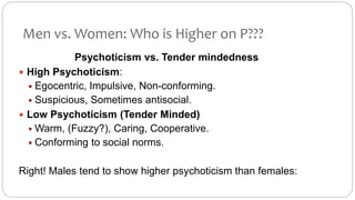 Men vs. Women: Who is Higher on P??? 
Psychoticism vs. Tender mindedness 
 High Psychoticism: 
 Egocentric, Impulsive, Non-conforming. 
 Suspicious, Sometimes antisocial. 
 Low Psychoticism (Tender Minded) 
Warm, (Fuzzy?), Caring, Cooperative. 
 Conforming to social norms. 
Right! Males tend to show higher psychoticism than females: 
 