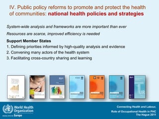 IV. Public policy reforms to promote and protect the health
 of communities: national health policies and strategies

System-wide analysis and frameworks are more important than ever
Resources are scarce, improved efficiency is needed
Support Member States
1. Defining priorities informed by high-quality analysis and evidence
2. Convening many actors of the health system
3. Facilitating cross-country sharing and learning




                                                                Connecting Health and Labour,
                                                            Role of Occupational Health in PHC
                                                                              The Hague 2011
 