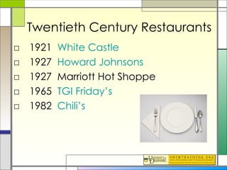 Twentieth Century Restaurants 1921  White Castle 1927  Howard  Johnsons 1927  Marriott Hot Shoppe 1965  TGI Friday’s 1982  Chili’s 