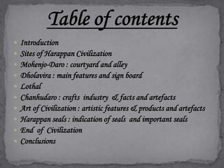  Introduction 
 Sites of Harappan Civilization 
 Mohenjo-Daro : courtyard and alley 
 Dholavira : main features and sign board 
 Lothal 
 Chanhudaro : crafts industry & facts and artefacts 
 Art of Civilization : artistic features & products and artefacts 
 Harappan seals : indication of seals and important seals 
 End of Civilization 
 Conclusions 
 