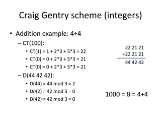 Craig Gentry scheme (integers)
• Addition example: 4+4
  – CT(100):
                                          22 21 21
     • CT(1) = 1 + 2*3 + 5*3 = 22
                                         +22 21 21
     • CT(0) = 0 + 2*3 + 5*3 = 21
                                          44 42 42
     • CT(0) = 0 + 2*3 + 5*3 = 21
  – D(44 42 42):
     • D(44) = 44 mod 3 = 2
     • D(42) = 42 mod 3 = 0
                                    1000 = 8 = 4+4
     • D(42) = 42 mod 3 = 0
 