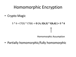 Homomorphic Encryption
• Crypto Magic

    5 * 6 = CT(5) * CT(6) -> D ( k, E(k,5) * E(k,6) ) = 5 * 6




                               Homomorphic Assumption

• Partially homomorphic/fully homomorphic
 