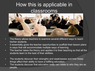 How this is applicable in
               classrooms




•   The theory allows teachers to examine several different ways to teach
    his/her students.
•   It essentially gives the teacher opportunities to scaffold their lesson plans
    in ways that will accommodate multiple ways of learning.
•   The teacher takes the theory and applies it to their teaching so that all the
    students learn to the best of their abilities.

•   The students discover their strengths and weaknesses and how these
    things affect their ability to have a fulfilling education.
•   The students discover that education really can relate to who they are as
    people.
 