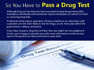 Although drug use has become more accepted among the general public,
workplaces worldwide still sometimes require employees to submit to initial
or recurring drug tests.
Professions that require operation of heavy machinery or interaction with
customers are the most likely to test for drugs, as are most jobs within the
government, military, and police.
If you have to pass a drug test and fear that you might not (no judgement
here!), we’re happy to provide you with some information on the various
types of drug tests out there and how to pass them.
 