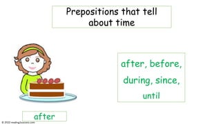 after, before,
during, since,
until
Prepositions that tell
about time
after
© reading2success.com
 