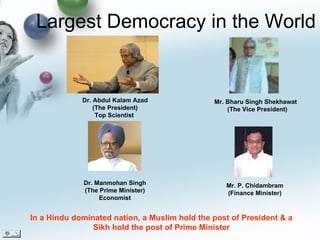 Largest Democracy in the World Dr. Abdul Kalam Azad (The President) Top Scientist  Dr. Manmohan Singh (The Prime Minister) Economist Mr. Bharu Singh Shekhawat   (The Vice President) Mr. P. Chidambram  (Finance Minister) In a Hindu dominated nation, a Muslim hold the post of President & a Sikh hold the post of Prime Minister 