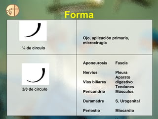 Forma ¼ de circulo Ojo, aplicación primaria, microcirugía  3/8 de circulo Aponeurosis  Nervios  Vías biliares  Pericondrio  Duramadre  Periostio  Ojo  Peritoneo  Fascia  Pleura  Aparato digestivo  Tendones  Músculos  S. Urogenital  Miocardio  Vasos  