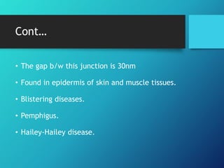 Cont…
• The gap b/w this junction is 30nm
• Found in epidermis of skin and muscle tissues.
• Blistering diseases.
• Pemphigus.
• Hailey-Hailey disease.
 