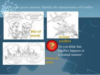 Look at the given cartoons: Identify the characteristics of Conflict Do you think that Conflict happens in a gradual manner ? War of words Show of arms Armed conflict 