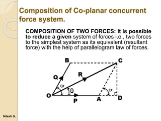 Composition of Co-planar concurrent
force system.
COMPOSITION OF TWO FORCES: It is possible
to reduce a given system of forces i.e., two forces
to the simplest system as its equivalent (resultant
force) with the help of parallelogram law of forces.
Nilesh G.
 