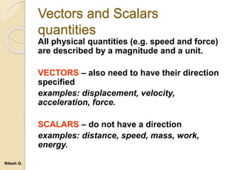 Vectors and Scalars
quantities
All physical quantities (e.g. speed and force)
are described by a magnitude and a unit.
VECTORS – also need to have their direction
specified
examples: displacement, velocity,
acceleration, force.
SCALARS – do not have a direction
examples: distance, speed, mass, work,
energy.
Nilesh G.
 