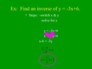 Ex:  Find an inverse of y = -3x+6. Steps:  -switch x & y   -solve for y y = -3x+6 x = -3y+6   x-6 = -3y 