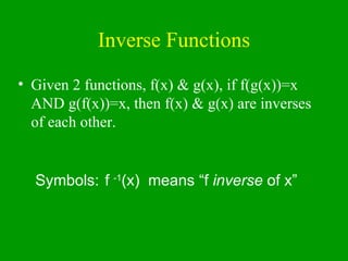 Inverse Functions Given 2 functions, f(x) & g(x), if f(g(x))=x AND g(f(x))=x, then f(x) & g(x) are inverses of each other. Symbols:  f  -1 (x)  means “f  inverse  of x” 