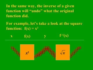11 11 11 11 11 11 121 121 121 121 121 121 121 121 121 121 121 121 121 121 11 11 11 11 11 11 11 11 In the same way, the inverse of a given function will “undo” what the original function did.  For example, let’s take a look at the square function:  f(x) = x 2 x f(x) y f --1 (x) x 2 