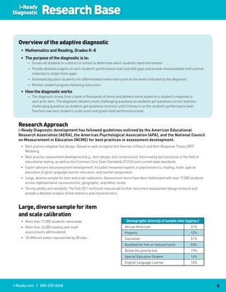 i-Ready
Diagnostic       Research Base

  Overview of the adaptive diagnostic
    •. Mathematics.and.Reading,.Grades.K–8
    •. The.purpose.of.the.diagnostic.is.to:
        – Screen all students in a district or school to determine which students need intervention
        – Provide detailed analysis on each student’s performance level and skill gaps and provide downloadable instructional
          materials to target those gaps
        – Automatically place students into differentiated online instruction at the levels indicated by the diagnostic
        – Monitor student progress following instruction
    •. How.the.diagnostic.works
        – The diagnostic draws from a bank of thousands of items and delivers items based on a student’s response to
          each prior item. The diagnostic delivers more challenging questions as students get questions correct and less
          challenging questions as students get questions incorrect until it hones in on the student’s performance level.
          Teachers see each student’s scale score and grade-level performance level.


  Research Approach
  i-Ready.Diagnostic.development.has.followed.guidelines.outlined.by.the.American.Educational.
  Research.Association.(AERA),.the.American.Psychological.Association.(APA),.and.the.National.Council.
  on.Measurement.in.Education.(NCME).for.best.practices.in.assessment.development.
    • Best practice adaptive test design: Based on well-accepted test theories of Rasch and Item Response Theory (IRT)
      Modeling
    • Best practice assessment development (e.g., item design, test construction): Informed by best practices in the field of
      educational testing, as well as the Common Core State Standards (CCSS) and current state standards
    • Expert advisors led assessment development: Included renowned experts in psychometrics, reading, math, special
      education, English language learner education, and teacher preparation
    • Large, diverse sample for item and scale calibration: Assessment items have been field tested with over 17,000 students
      across representative socioeconomic, geographic, and ethnic strata
    • Strong validity and reliability: The Fall 2011 technical manual will further document assessment design protocol and
      provide a detailed analysis of test statistics and characteristics


  Large, diverse sample for item
  and scale calibration
    • More than 17,000 students nationwide                                  Demographic diversity of sample sites (approx.)
    • More than 33,000 reading and math                                    African American                               31%
      assessments administered                                             Hispanic                                       12%
    • 18 different states represented by 58 sites                          Caucasian                                      51%
                                                                           Qualified for free or reduced lunch            53%
                                                                           Below the poverty line                         19%
                                                                           Special Education Student                      14%
                                                                           English Language Learner                       15%




i-Ready.com | 800-225-0248                                                                                                      4
 