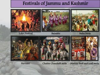 Festivals of Jammu and Kashmir
Lohri Festival Baisakhi Bahu Mela
Navratri Chaitre Chaudash mela Mansar food and craft mela
 