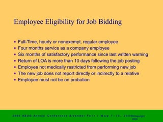 Employee Eligibility for Job Bidding

 •   Full-Time, hourly or nonexempt, regular employee
 •   Four months service as a company employee
 •   Six months of satisfactory performance since last written warning
 •   Return of LOA is more than 10 days following the job posting
 •   Employee not medically restricted from performing new job
 •   The new job does not report directly or indirectly to a relative
 •   Employee must not be on probation




2 0 0 0 AS UG An n u a l Co n f e r e n c e & V e n d o r F a i r • Μ α ψ   7 − 1 0 ,   2 0 0 0 ©Copyright
                                                                                                2000
 