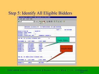 Step 5: Identify All Eligible Bidders




                                                              Eligible Bidders




                                                                   Ineligible Bidder




2 0 0 0 AS UG An n u a l Co n f e r e n c e & V e n d o r F a i r • Μ α ψ    7 − 1 0 ,   2 0 0 0 ©Copyright
                                                                                                 2000
 