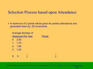 Selection Process based upon Attendance

 • A maximum of 2 points will be given for perfect attendance and
   graduated down by .25 increments.

      Average Number of
      Absences Per Year                       Points
      0 2.00
      1 1.75
      2 1.50
      3 1.25

      8      0


2 0 0 0 AS UG An n u a l Co n f e r e n c e & V e n d o r F a i r • Μ α ψ   7 − 1 0 ,   2 0 0 0 ©Copyright
                                                                                                2000
 