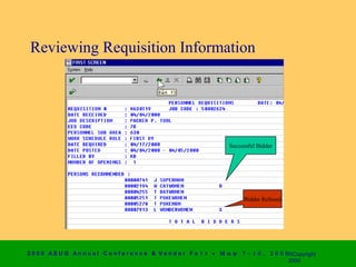 Reviewing Requisition Information




                                                                      Successful Bidder




                                                                            Bidder Refused




2 0 0 0 AS UG An n u a l Co n f e r e n c e & V e n d o r F a i r • Μ α ψ   7 − 1 0 ,   2 0 0 0 ©Copyright
                                                                                                2000
 