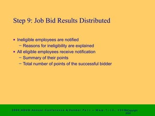 Step 9: Job Bid Results Distributed

 • Ineligible employees are notified
    – Reasons for ineligibility are explained
 • All eligible employees receive notification
    – Summary of their points
    – Total number of points of the successful bidder




2 0 0 0 AS UG An n u a l Co n f e r e n c e & V e n d o r F a i r • Μ α ψ   7 − 1 0 ,   2 0 0 0 ©Copyright
                                                                                                2000
 