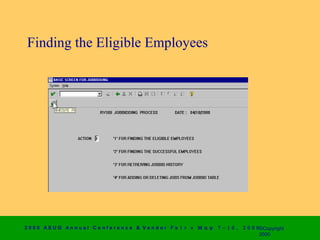 Finding the Eligible Employees




2 0 0 0 AS UG An n u a l Co n f e r e n c e & V e n d o r F a i r • Μ α ψ   7 − 1 0 ,   2 0 0 0 ©Copyright
                                                                                                2000
 