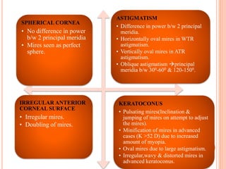 SPHERICAL CORNEA
• No difference in power
b/w 2 principal meridia
• Mires seen as perfect
sphere.
ASTIGMATISM
• Difference in power b/w 2 principal
meridia.
• Horizontally oval mires in WTR
astigmatism.
• Vertically oval mires in ATR
astigmatism.
• Oblique astigmatism principal
meridia b/w 300-600 & 120-1500.
IRREGULAR ANTERIOR
CORNEAL SURFACE
• Irregular mires.
• Doubling of mires.
KERATOCONUS
• Pulsating mires(Inclination &
jumping of mires on attempt to adjust
the mires).
• Minification of mires in advanced
cases (K >52 D) due to increased
amount of myopia.
• Oval mires due to large astigmatism.
• Irregular,wavy & distorted mires in
advanced keratoconus.
 