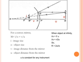 For a convex mirror,
M= i/o = v/u
i - image size
o - object size
v - image distance from the mirror
u - object distance from the mirror
When object at infinity,
i/o = f/ u
i/o = r/2u
So,
R = 2ui/o
i o
v u
u is constant for any instrument
 