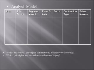 Analysis Model Which anatomical principles contribute to efficiency or accuracy? Which principles are related to avoidance of injury? Joint Joint Action Segment Moved Plane & Axis Force Contraction Type Prime Movers 