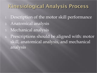 Description of the motor skill performance Anatomical analysis Mechanical analysis Prescriptions should be aligned with: motor skill, anatomical analysis, and mechanical analysis 