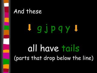 And these g j p q y all have  tails (parts that drop below the line) 