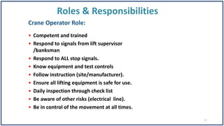 • Competent and trained
• Respond to signals from lift supervisor
/banksman
• Respond to ALL stop signals.
• Know equipment and test controls
• Follow instruction (site/manufacturer).
• Ensure all lifting equipment is safe for use.
• Daily inspection through check list
• Be aware of other risks (electrical line).
• Be in control of the movement at all times.
Crane Operator Role:
17
 