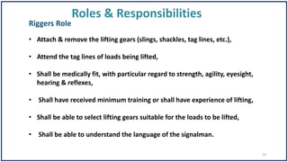 • Attach & remove the lifting gears (slings, shackles, tag lines, etc.),
• Attend the tag lines of loads being lifted,
• Shall be medically fit, with particular regard to strength, agility, eyesight,
hearing & reflexes,
• Shall have received minimum training or shall have experience of lifting,
• Shall be able to select lifting gears suitable for the loads to be lifted,
• Shall be able to understand the language of the signalman.
Riggers Role
19
 