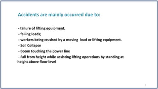 - failure of lifting equipment;
- falling loads;
- workers being crushed by a moving load or lifting equipment.
- Soil Collapse
- Boom touching the power line
- Fall from height while assisting lifting operations by standing at
height above floor level
5
 