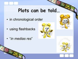 Plots can be told… in chronological order using flashbacks “ in medias res ” 