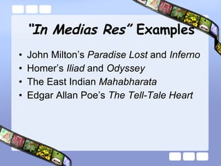 “ In Medias Res”  Examples John Milton’s  Paradise Lost  and  Inferno Homer’s  Iliad  and  Odyssey The East Indian  Mahabharata Edgar Allan Poe’s  The Tell-Tale Heart 