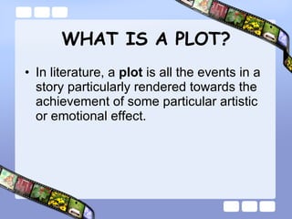 WHAT IS A PLOT? In literature, a  plot  is all the events in a story particularly rendered towards the achievement of some particular artistic or emotional effect.   