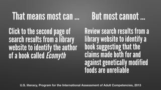 That means most can … But most cannot …
Click to the second page of
search results from a library
website to identify the author
of a book called Ecomyth
Review search results from a
library website to identify a
book suggesting that the
claims made both for and
against genetically modified
foods are unreliable
U.S. literacy, Program for the International Assessment of Adult Competencies, 2013
 