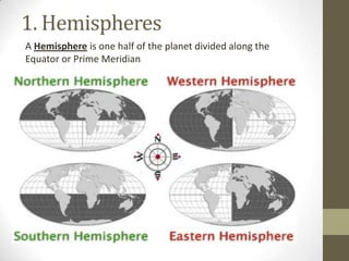 1. Hemispheres
A Hemisphere is one half of the planet divided along the
Equator or Prime Meridian
 