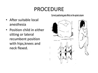 PROCEDURE
• After suitable local
anesthesia
• Position child in either
sitting or lateral
recumbent position
with hips,knees and
neck flexed.
 