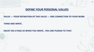 VALUE --- YOUR DEFINATION OF THIS VALUE --- ONE CONNECTION TO YOUR WORK
THINK AND WRITE.
ENLIST ON A PAGE AS WHEN YOU WRITE , YOU ARE PUSHED TO THAT.
DEFINE YOUR PERSONAL VALUES
12
 