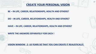 BE – IN LIFE, CAREER, RELATIONSHIPS, HEALTH AND OTHERS?
DO – IN LIFE, CAREER, RELATIONSHIPS, HEALTH AND OTHERS?
HAVE – IN LIFE, CAREER, RELATIONSHIPS, HEALTH AND OTHERS?
WRITE THE ANSWERS SEPARATELY FOR EACH !
VISION WINDOW : 2 -10 YEARS SO THAT YOU CAN CREATE IT REALISTICALLY.
CREATE YOUR PERSONAL VISION
17
 