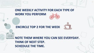 ONE WEEKLY ACTIVITY FOR EACH TYPE OF
WORK YOU PERFORM
22
ENCIRCLE TOP 2 FOR THE WEEK
NOTE THEM WHERE YOU CAN SEE EVERYDAY.
THINK OF NEXT STEP.
SCHEDULE THE TIME.
 