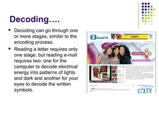 Decoding….




Decoding can go through one
or more stages, similar to the
encoding process.
Reading a letter requires only
one stage, but reading e-mail
requires two: one for the
computer to decode electrical
energy into patterns of lights
and dark and another for your
eyes to decode the written
symbols.

 